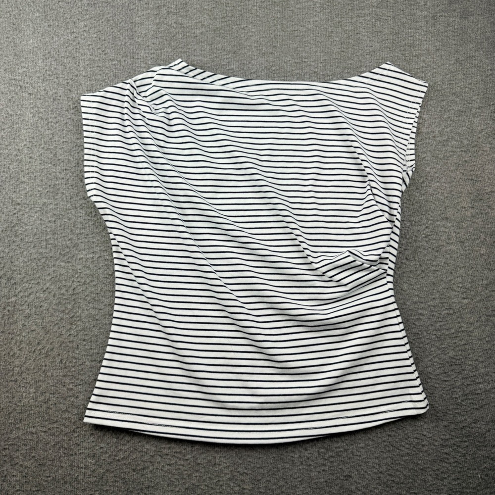 Dazy Women's S Small Striped Boat Neck Cap Sleeve Top White Black